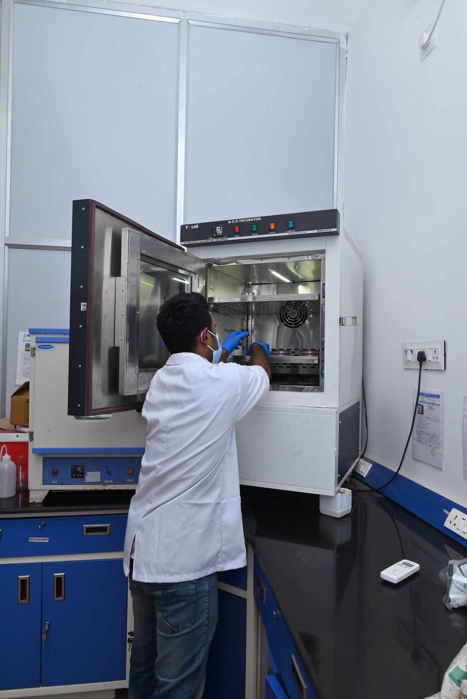 Microbiologist loading culture plates into the incubator